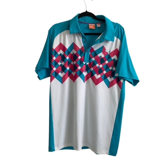 PUMA Cool Cell Men's Geometric Polo Design Shirt Blue White Pink Size L - Picture 1 of 11